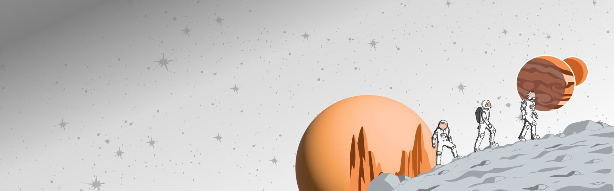 JupyterCon "hero" image - 3 astronauts exploring a rocky planet with 3 other planets in the sky in the background